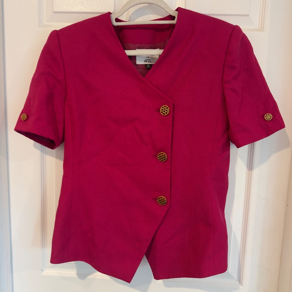 Kasper for ASL Magenta Pink Asymmetrical Button Short Sleeve Blazer Vintage 12